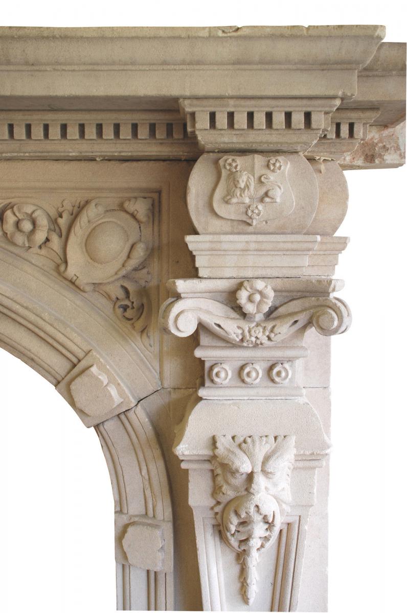 19th Century Natural Limestone Arch Fireplace with carved foliage roses