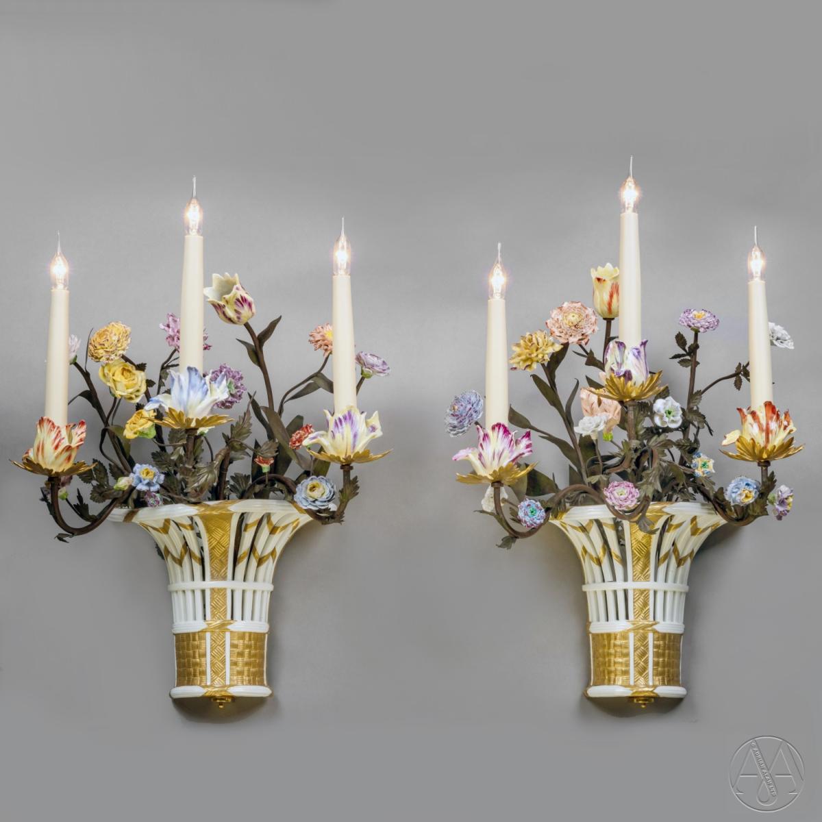 A Fine Set of Three Sèvres-Style Four-Light Porcelain Wall Appliques