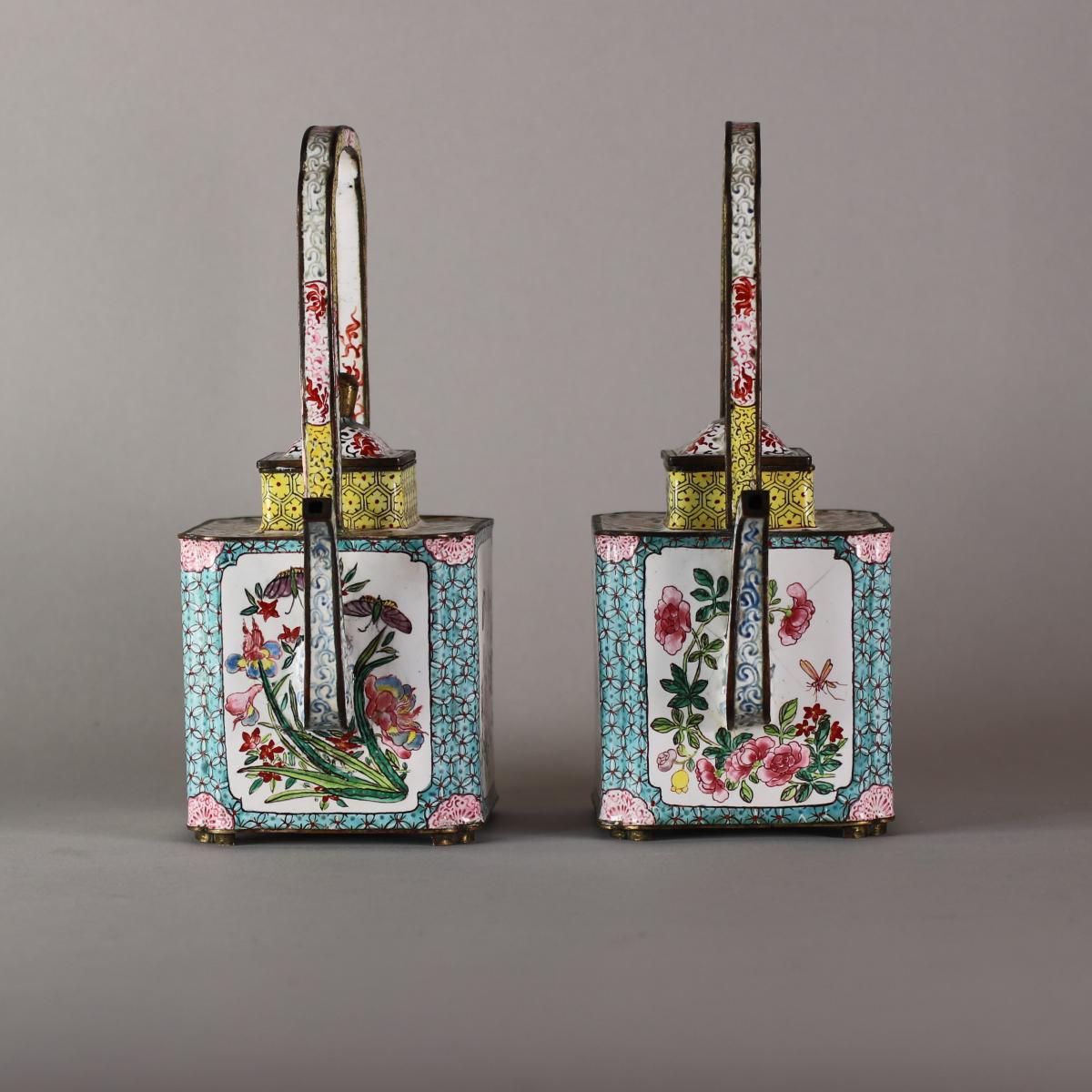 Pair of Chinese Canton enamel ewers, late Qianlong (1735-96)