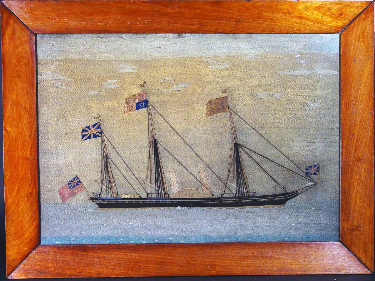 Early British Sailor's Woolwork Picture of the Royal Yacht, HMY Victoria and Albert II, Circa 1855-70