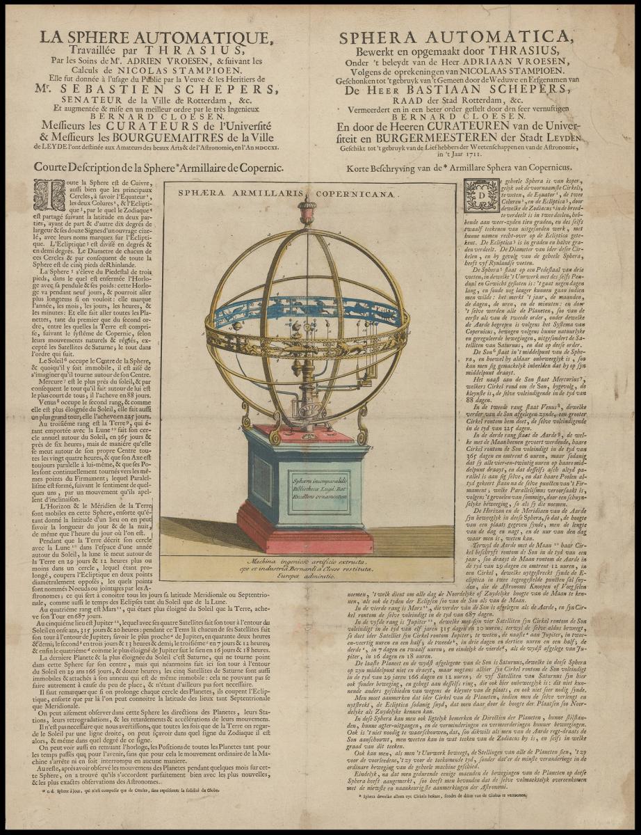 Fine broadside illustrating the so-called "Leiden Sphere" - the first mechanical model of a Copernican solar system