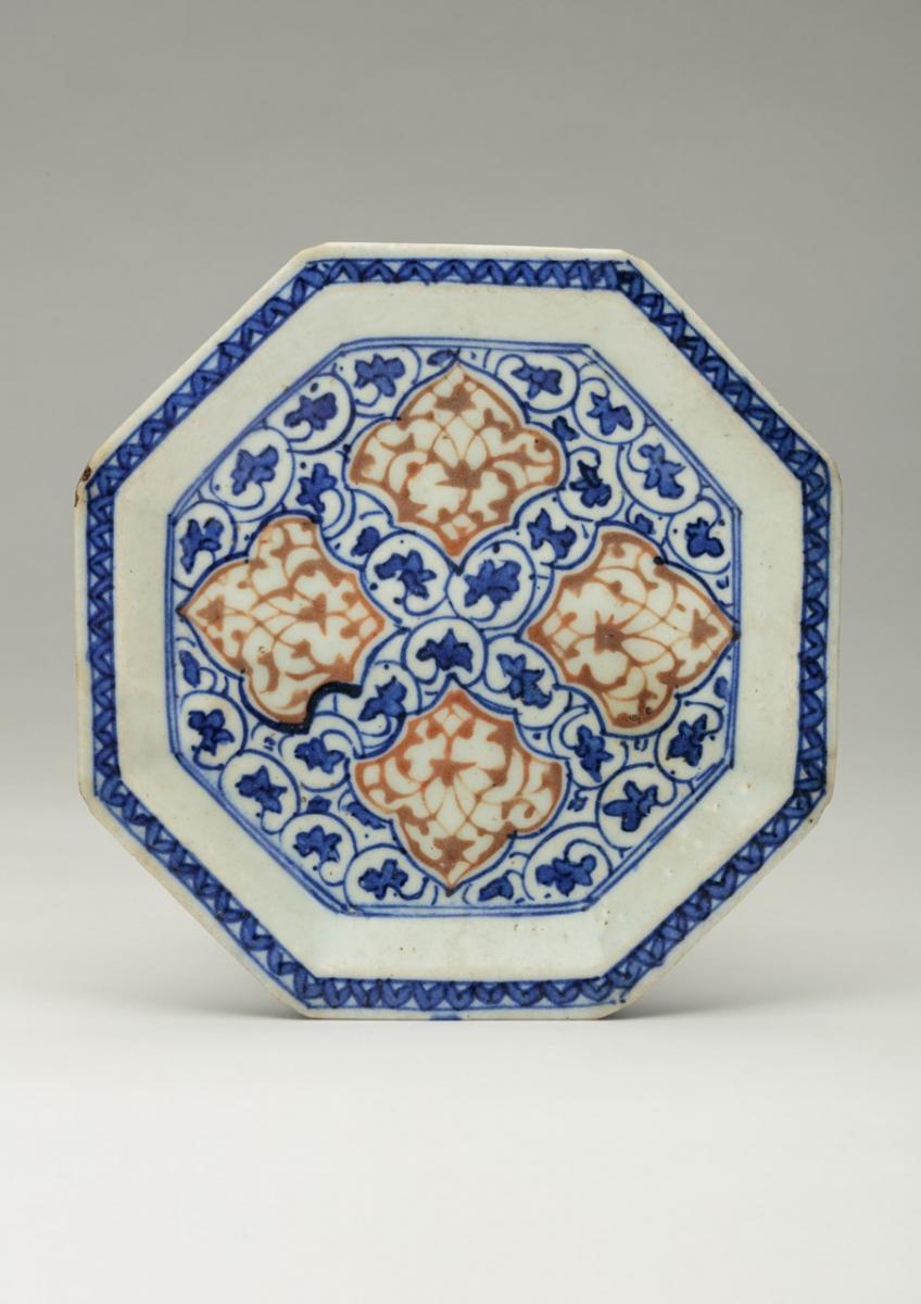 Safavid blue and red pottery dish