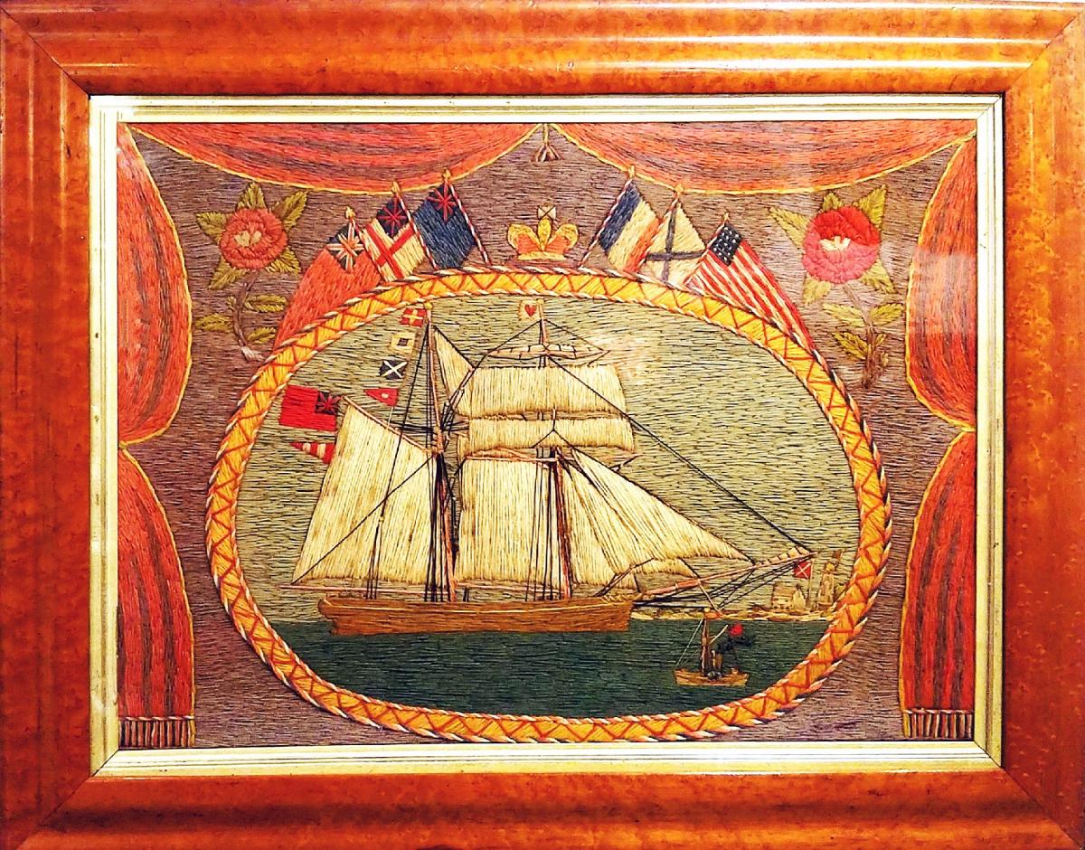 Flag of Nations Sailor's Woolwork of a Schooner-Brig, Circa 1870
