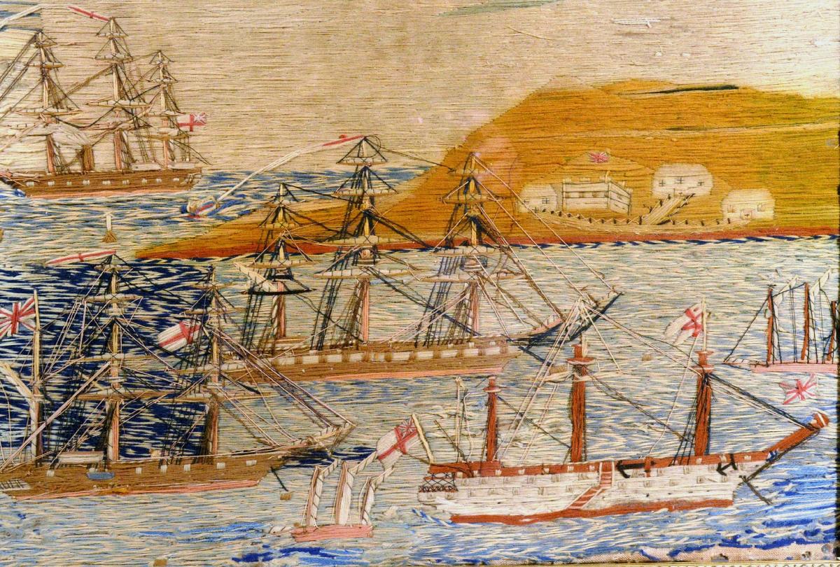 English Sailor's Woolwork or Woolie with Multiple Ships in A Bay, Circa 1875