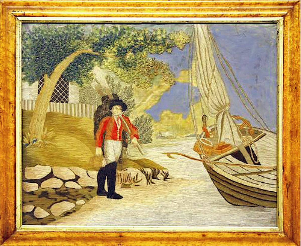 Sailor's Silk and Woolwork unusually decorated with a Sailor holding an Oar Approaching his Small Fishing Smack, Circa 1820-40