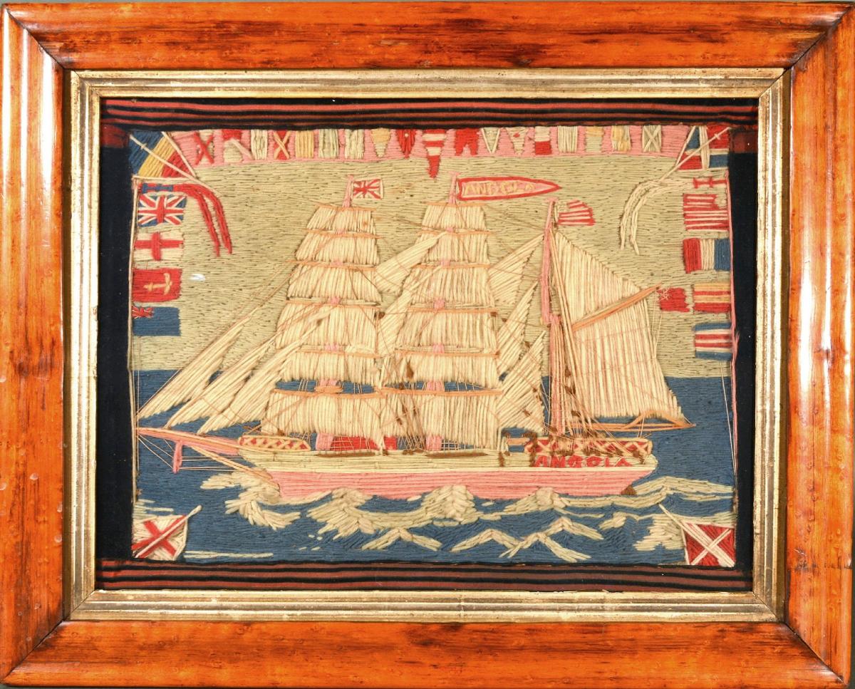 British Sailor's Woolwork (woolie) Picture of the Ship The Angola, Circa 1875-85