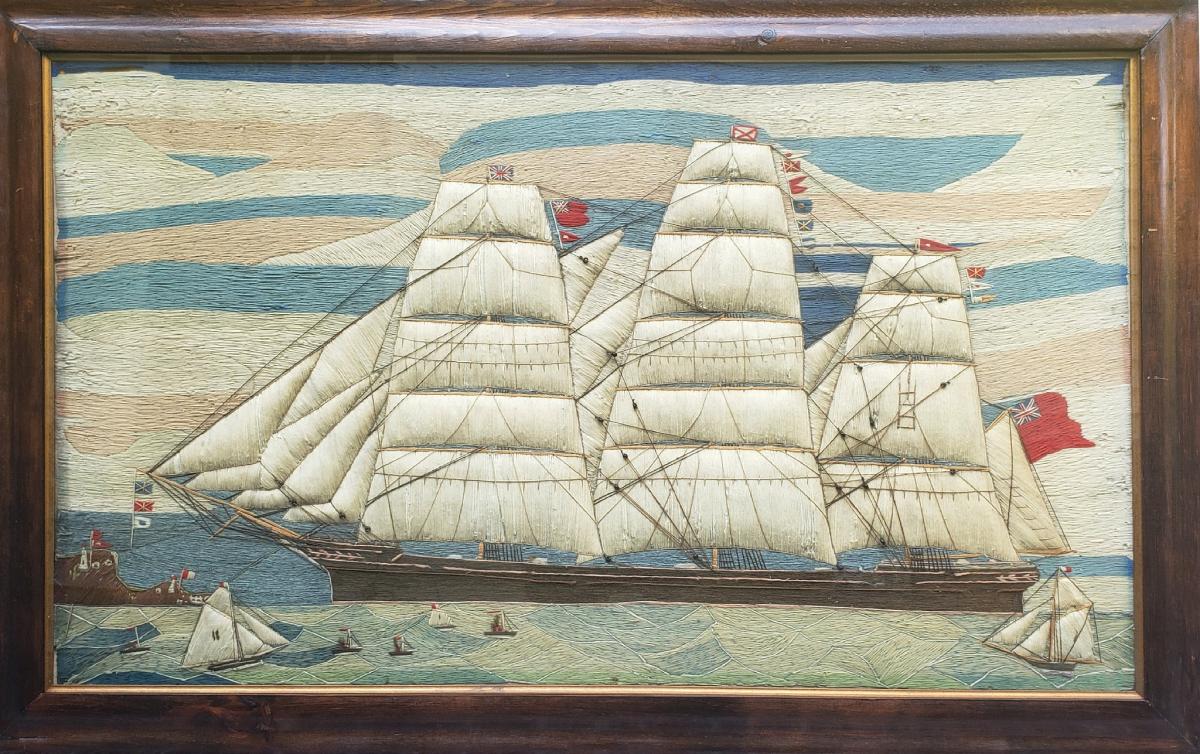 Massive Sailor's Woolwork of a British Merchant Navy Clipper Ship Coming into Port, Circa 1870