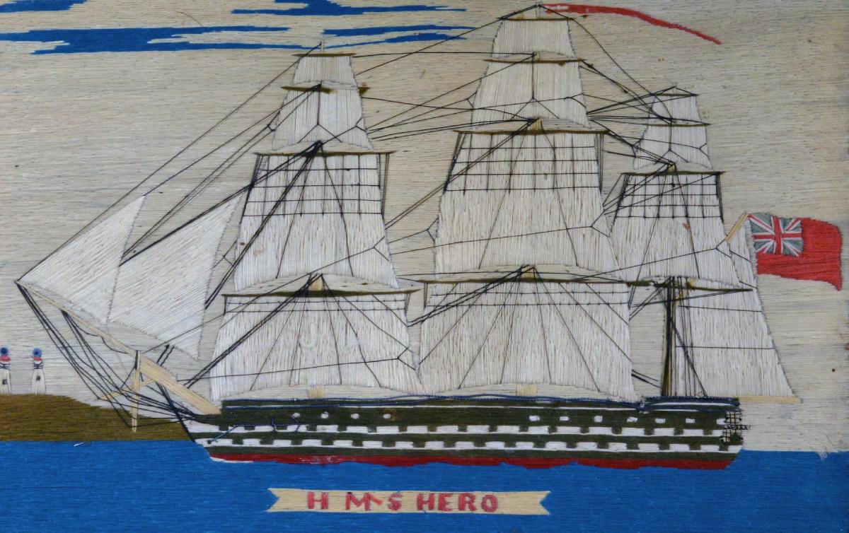 Sailor's Woolwork Picture of HMS Hero, Circa 1760-64