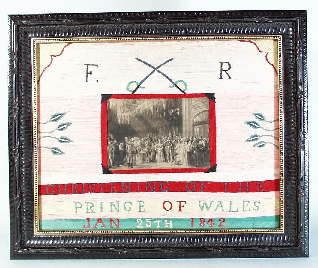 Rare English Woolwork Picture, titled E R/ Christening of the/Prince of Wales/Jan 25th 1842