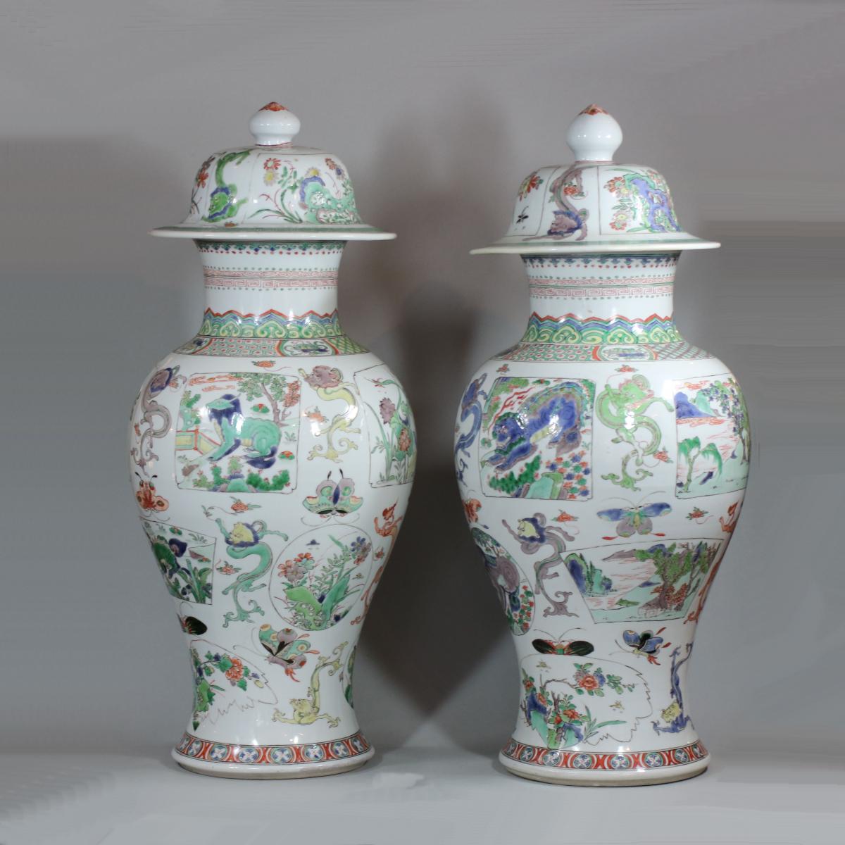 Matched pair of Chinese famille verte baluster vases and covers, Kangxi (1662-1722)