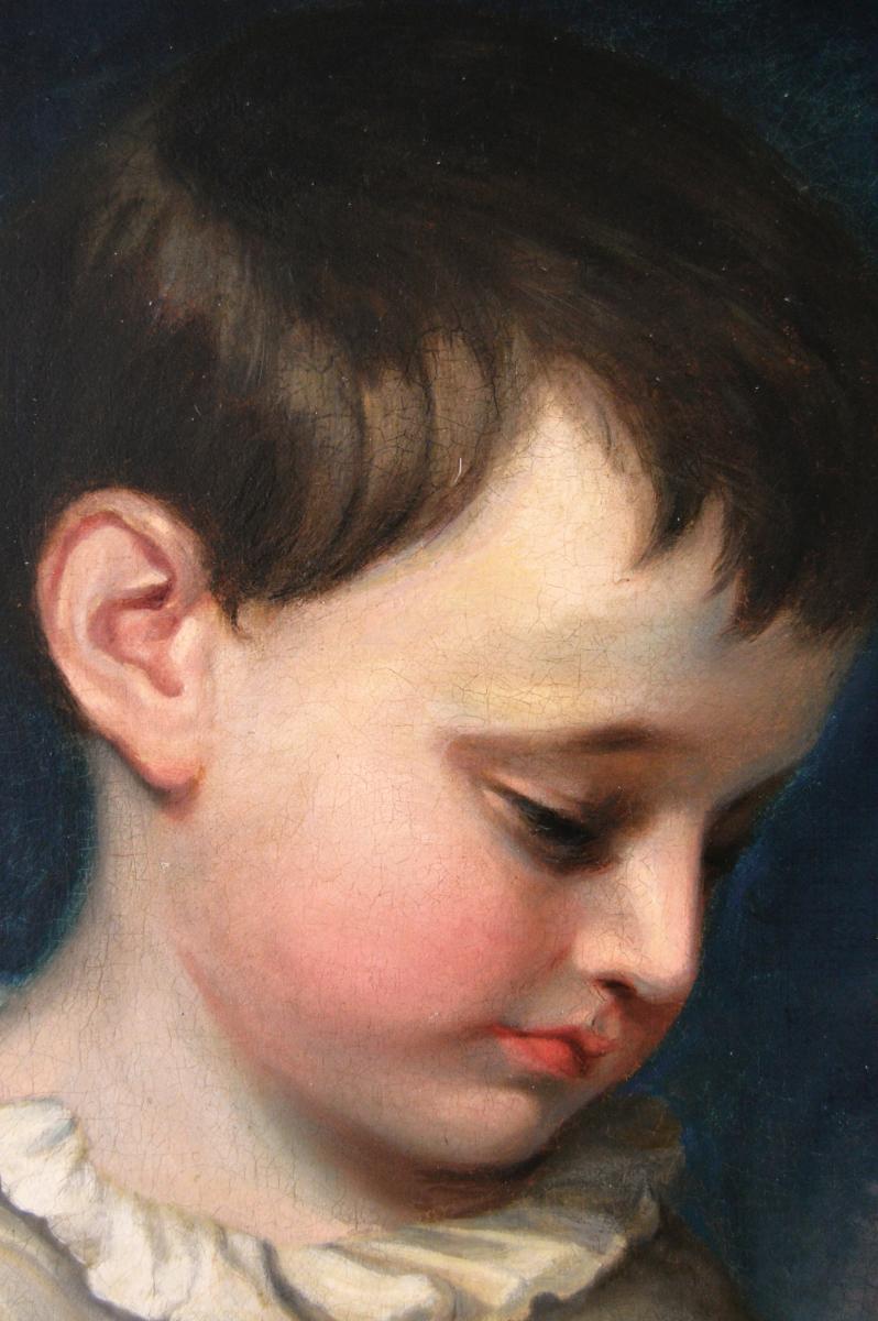 Portrait oil painting of a boy playing a flute attributed to Thomas Barker of Bath