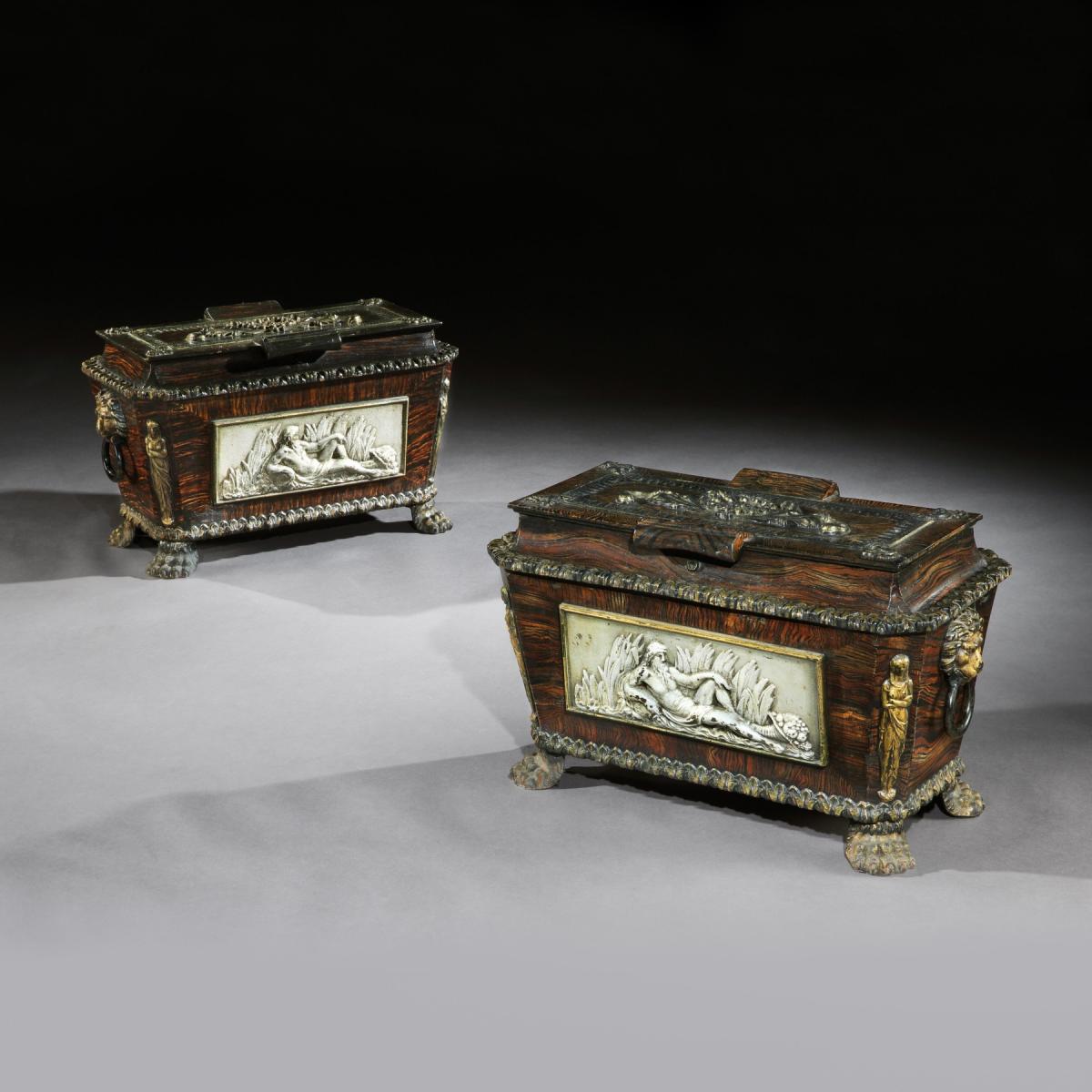 Rare Pair Of Regency Cast-Iron Sarcophagus Shaped Strong Boxes