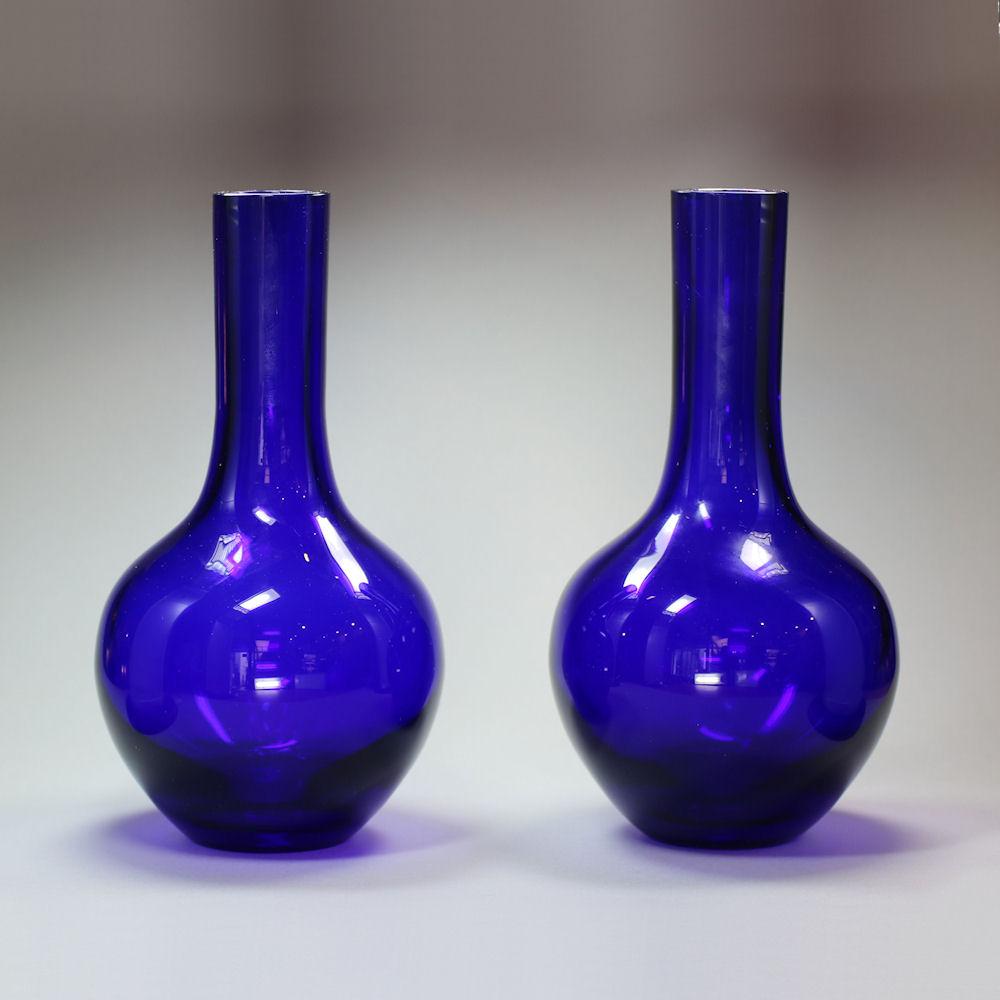 Pair of Chinese deep-blue Peking glass bottle vases, c. 1900