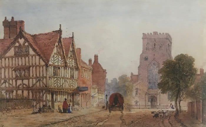 Shrewsbury Abbey, Shropshire, with sheep being herded down the street, Joseph Murray Ince (1806-1859)