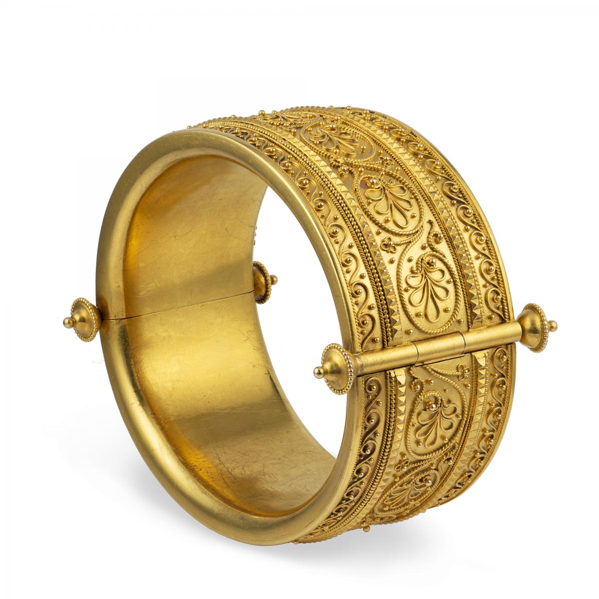 A Wide Archaeological Revival Gold Bangle, with Etruscan-Style Wirework Decoration, Circa 1870