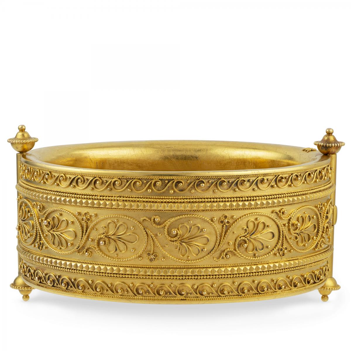 A Wide Archaeological Revival Gold Bangle, with Etruscan-Style Wirework Decoration, Circa 1870