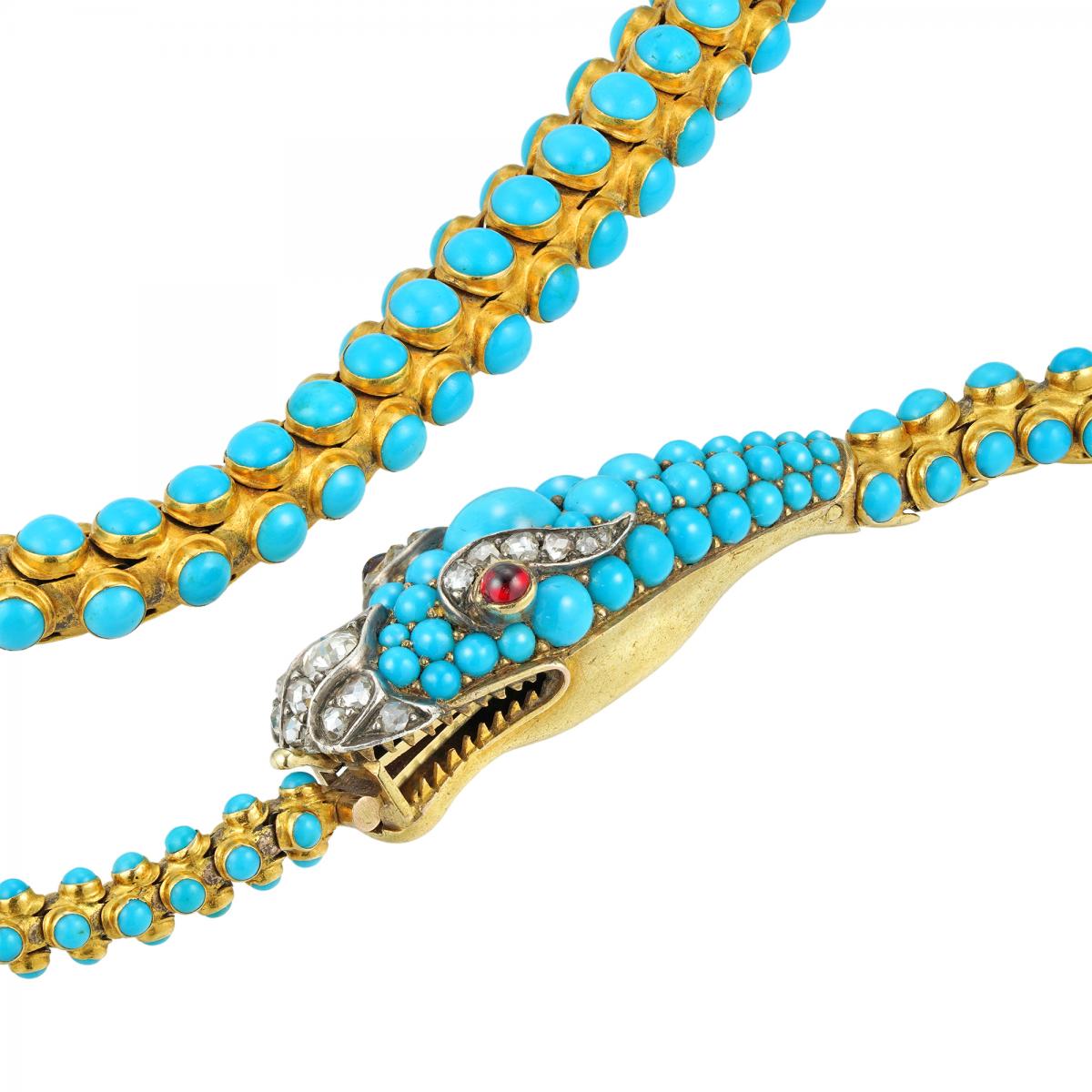 A Victorian Gold and Turquoise Serpent Necklace, Circa 1850