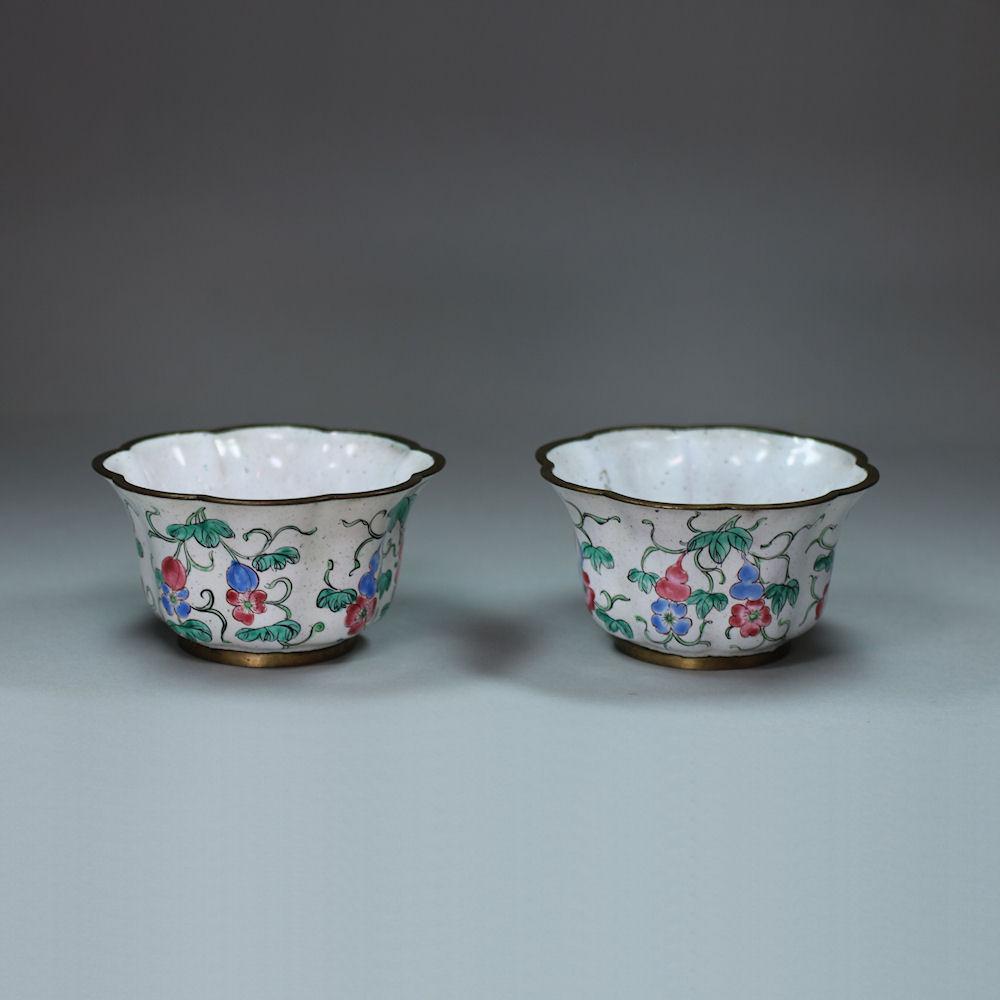 Pair of ribbed Chinese Canton enamel cups, 19th century