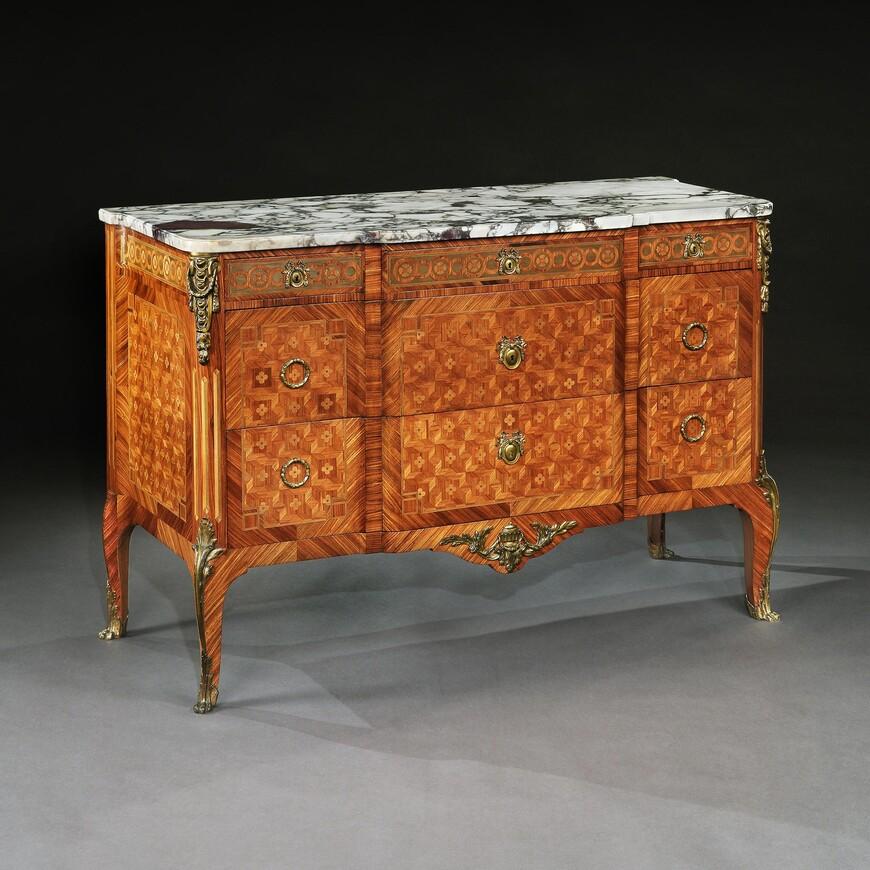 Late 19th Century French Gilt Bronze Mounted Tulipwood And Kingwood Marble Topped Commode