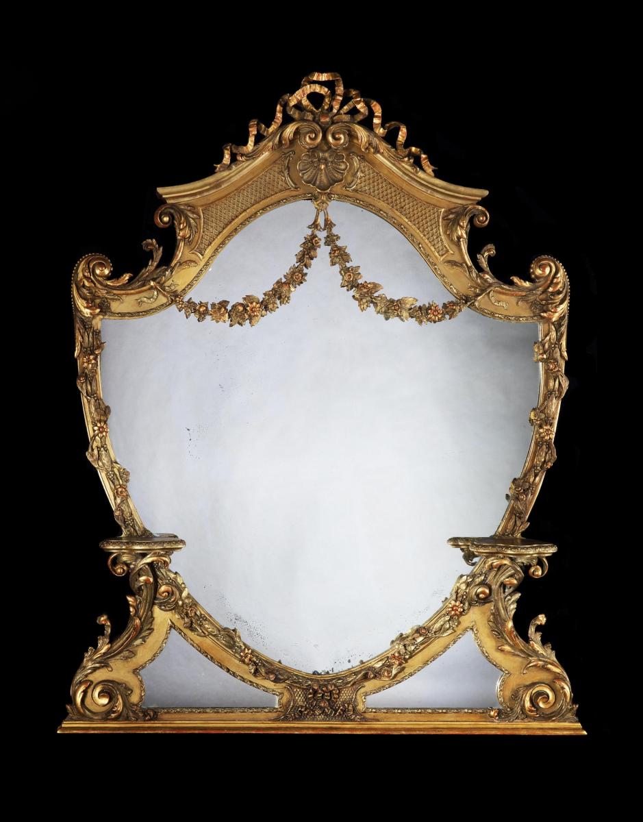 Large 19th Century Victorian Giltwood And Gesso Overmantel Mirror Of Cartouche Shaped Form