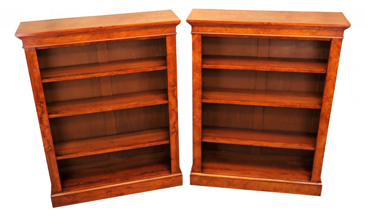 English 19th Century Pair Of Burr Walnut Open Bookcases