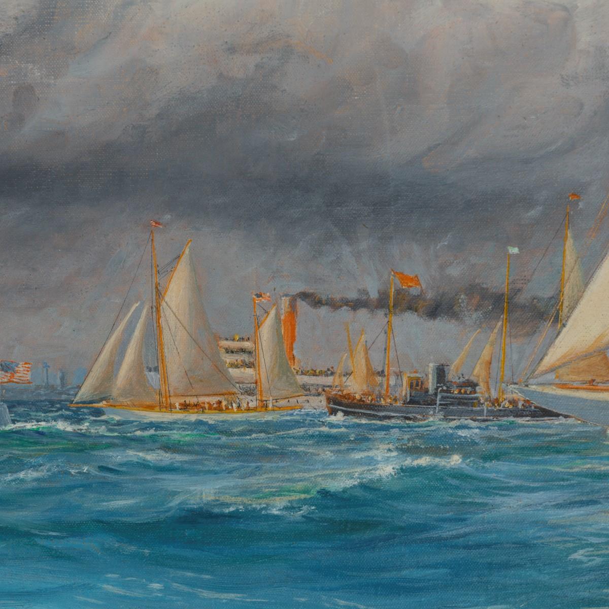 1930 America’s Cup racing off Newport, signed ‘Harold Wyllie’
