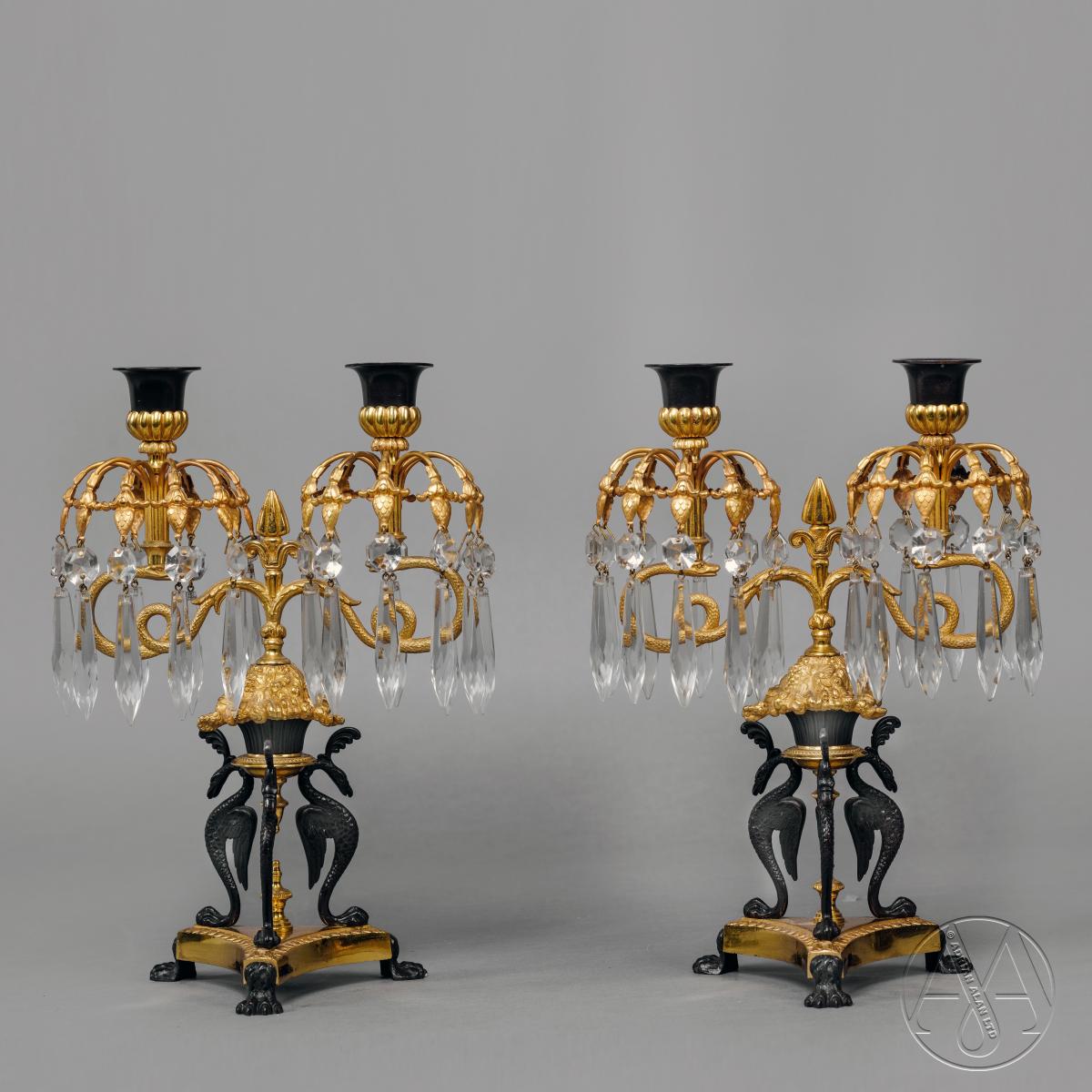 A Pair Of Empire Revival Gilt And Patinated Bronze Twin-Light Lustre Candelabra