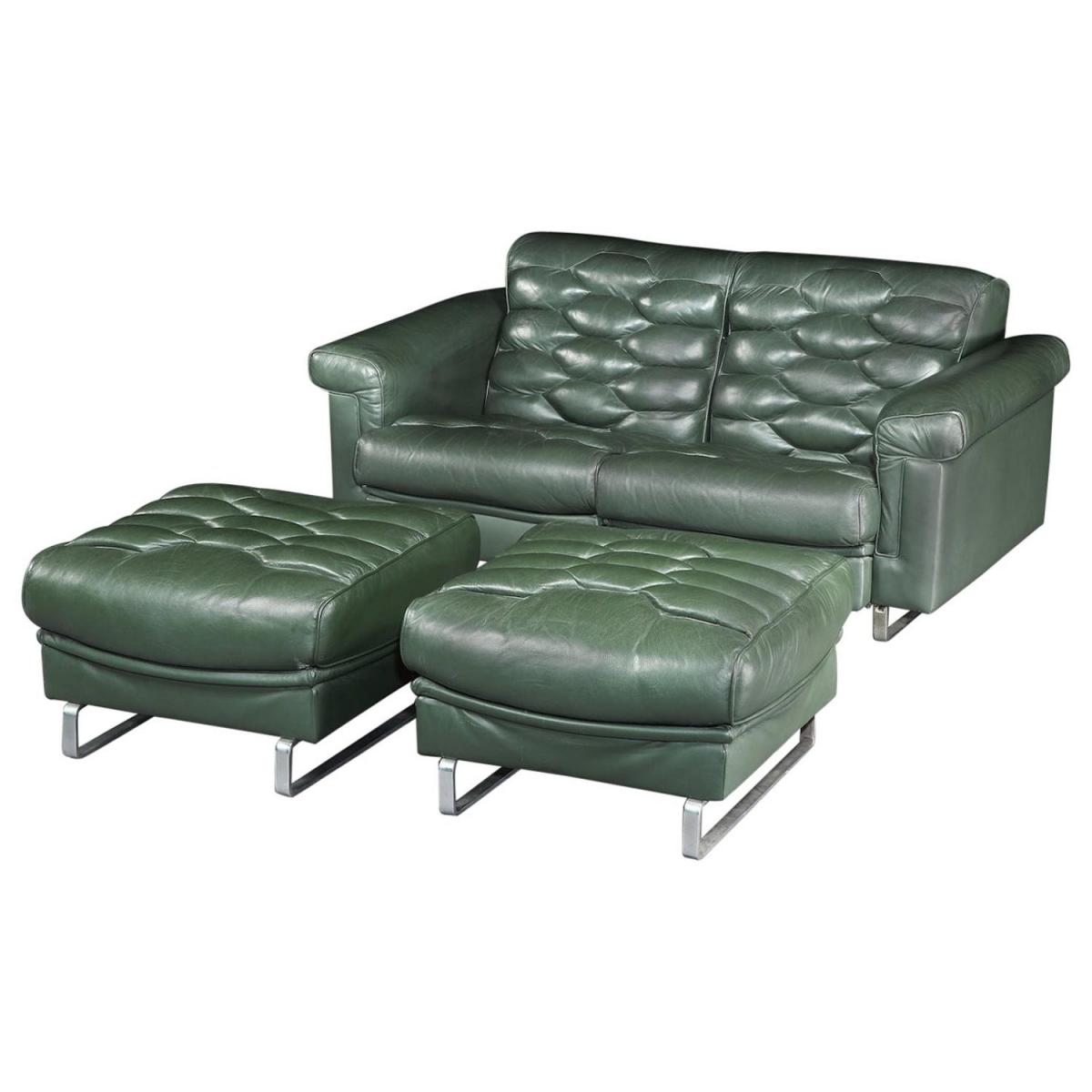Sofa Reclining Pair of Ottomans, Green, Leather, Robert Haussmann, De Sede, DS-P