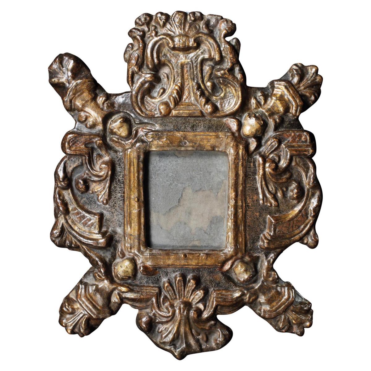Mirror, 17th Century, Small, Spanish, Gilded, Papier Mache, Original Plate