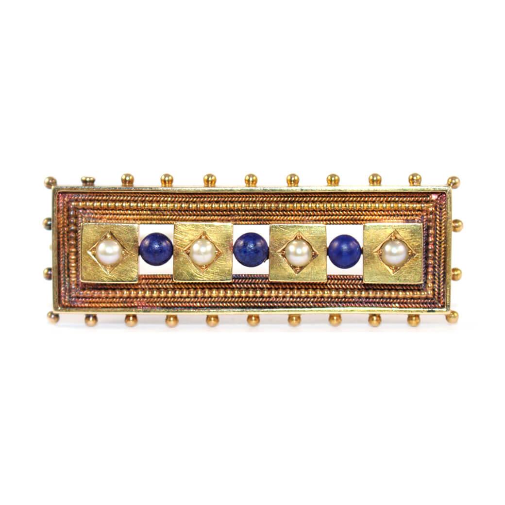 Victorian Etruscan Lapis & Pearl Brooch c.1870