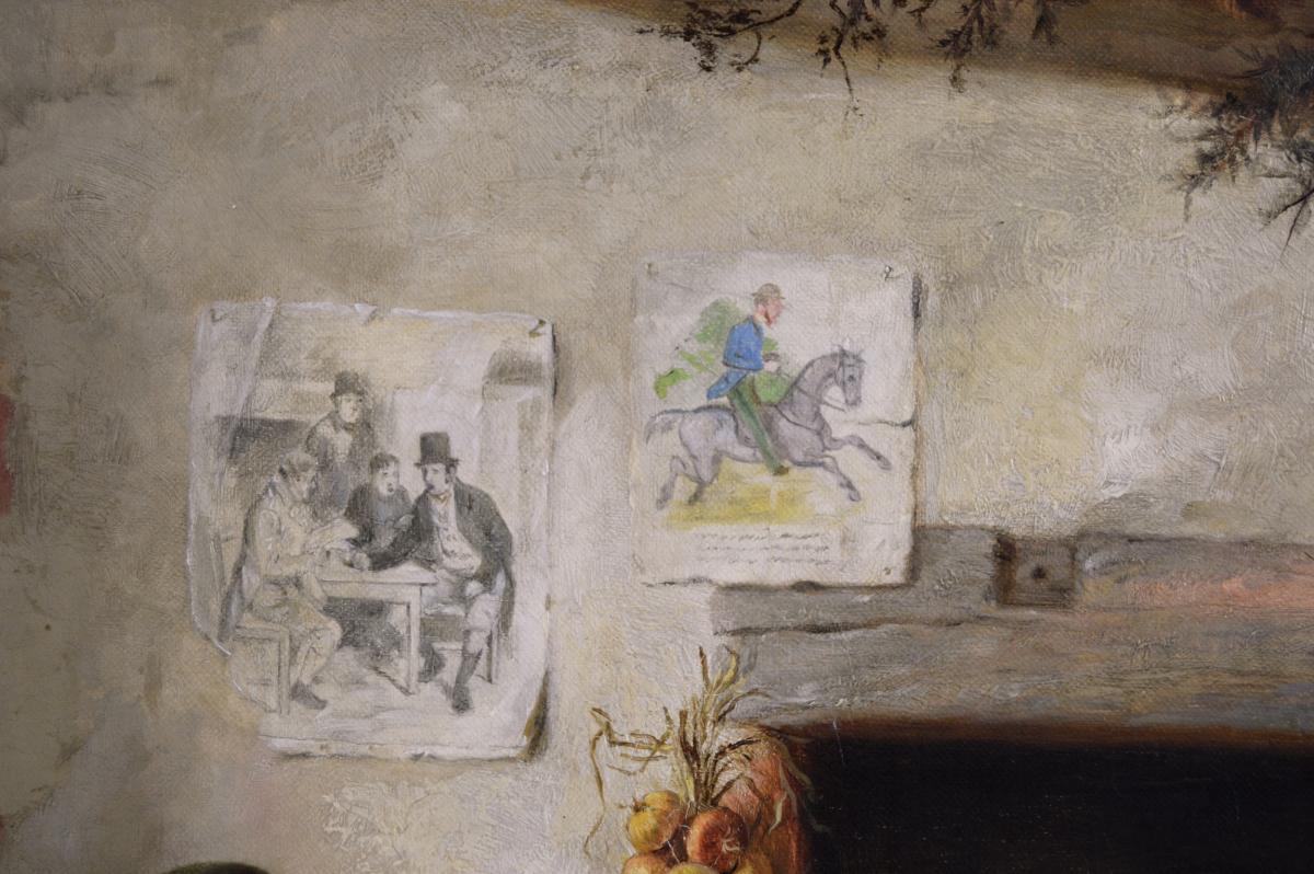 Genre oil painting of figures in a cottage with two donkeys, a pig and a dog by Charles Hunt Jnr
