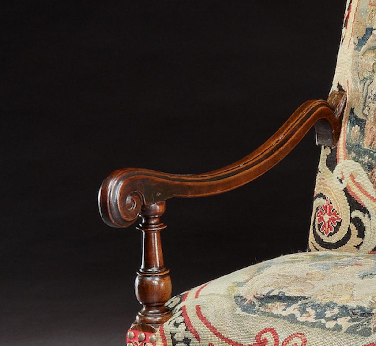 Armchair chair 17th Century English Walnut Needlework X-Stretchered, Scroll