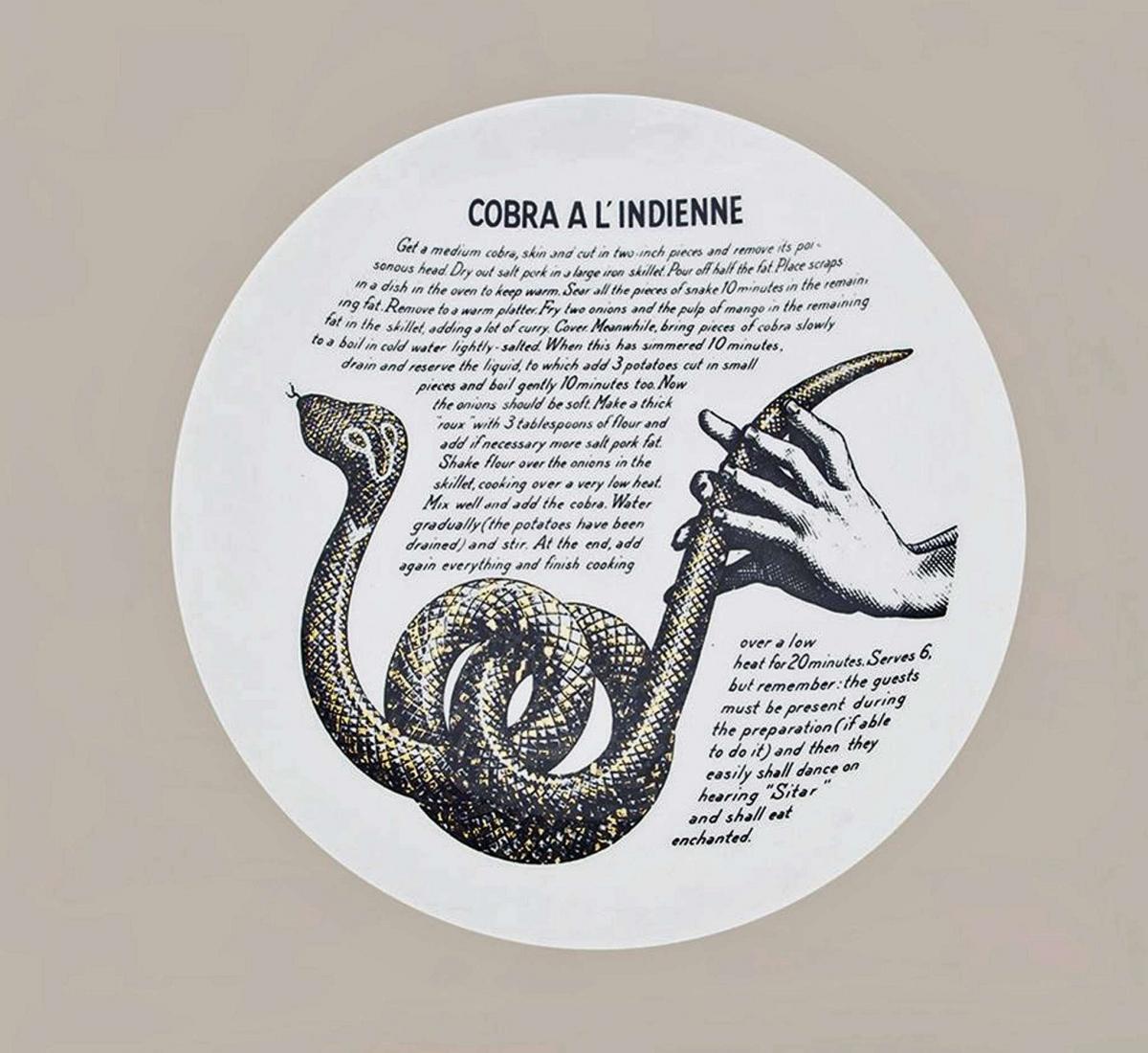 Vintage Piero Fornasetti Recipe Plate, Cobra A L'Indienne, Made for Fleming Joffe, Silkscreen & Transfer on Porcelain, 1960s