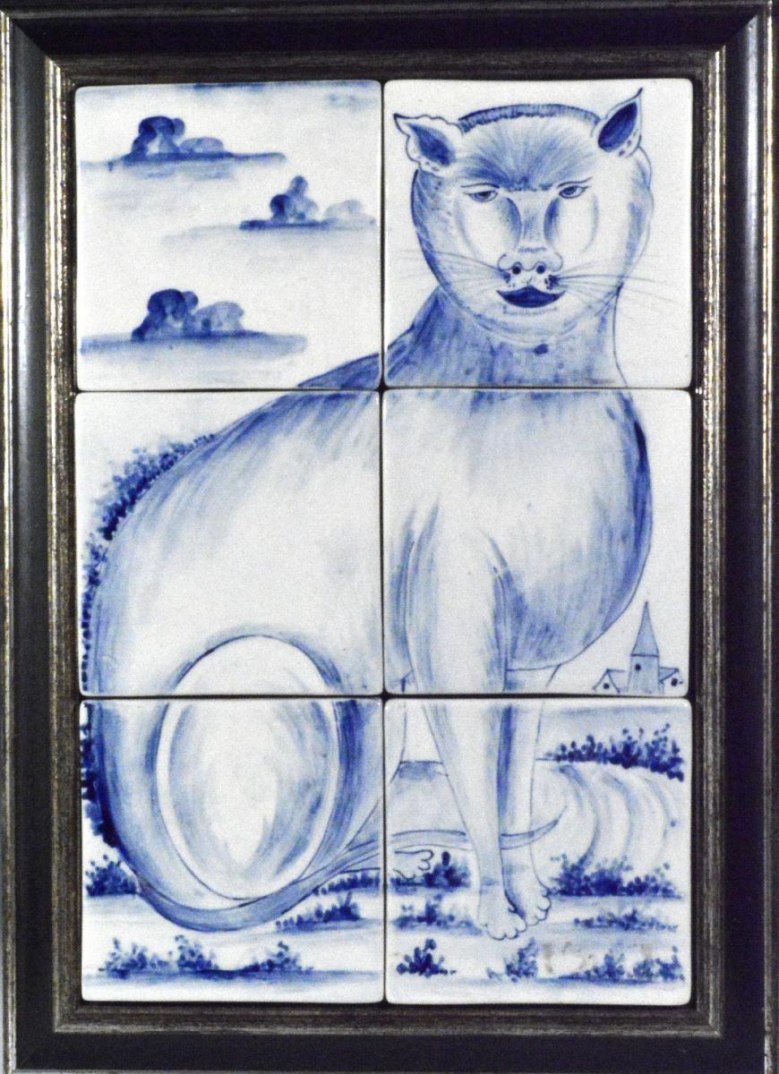Dutch Tin-glazed Earthenware Tile Picture of a Cat, Makkum, 20th century