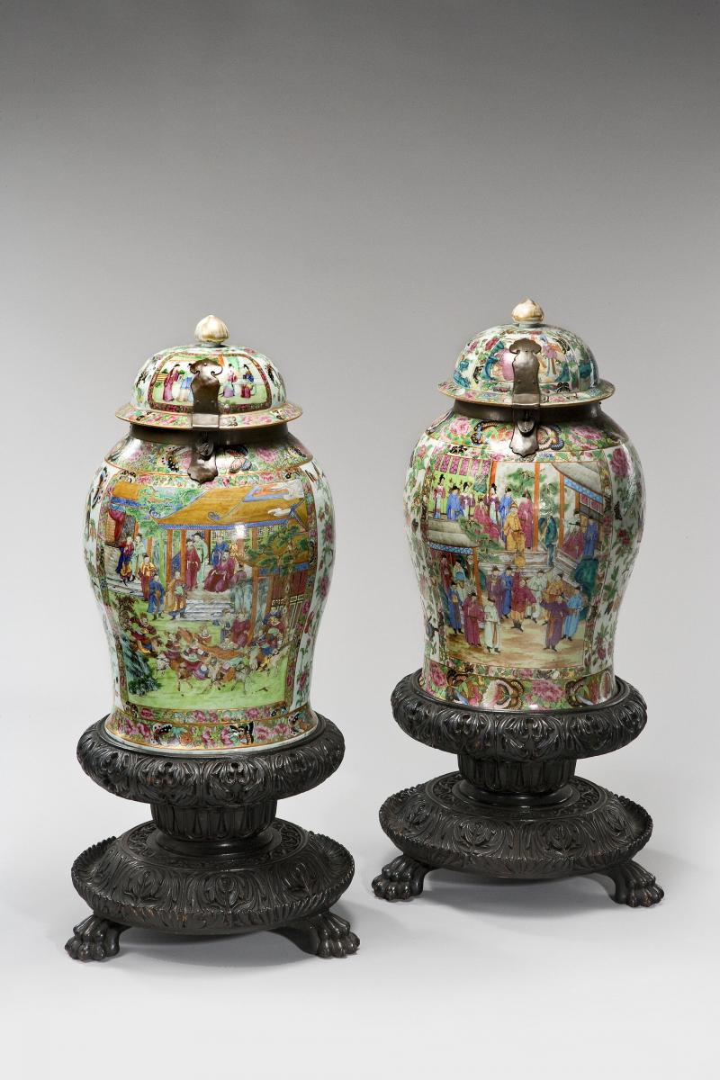 Matched pair of Cantonese enamelled porcelain standing jars