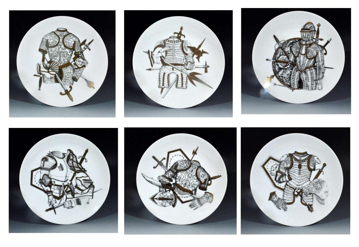 Vintage Piero Fornasetti Set of Six Plates with Coats of Armour, Armature Pattern, Numbered 1-6, 1960's