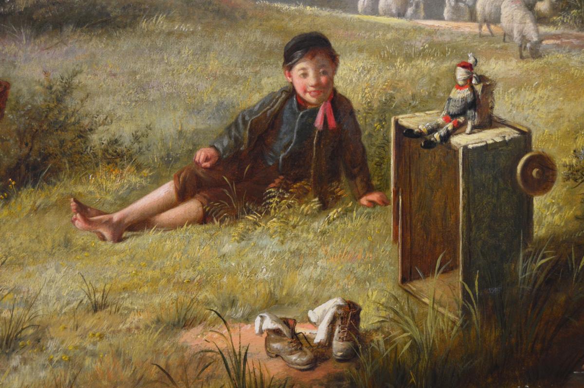 Genre oil painting of children playing by Reuben Hunt