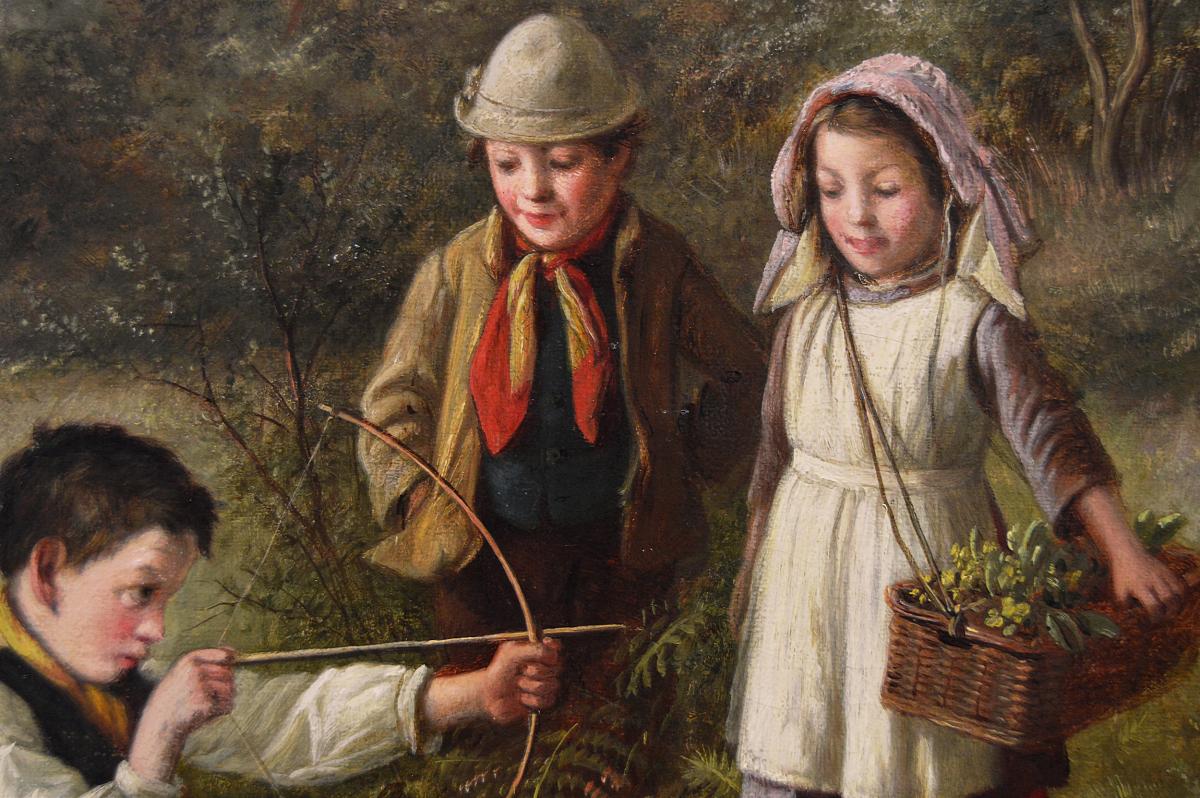 Genre oil painting of children playing by Reuben Hunt
