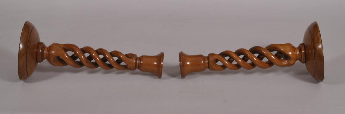 S/4268 Antique Treen 19th Century Pair of Apple Wood Candlesticks
