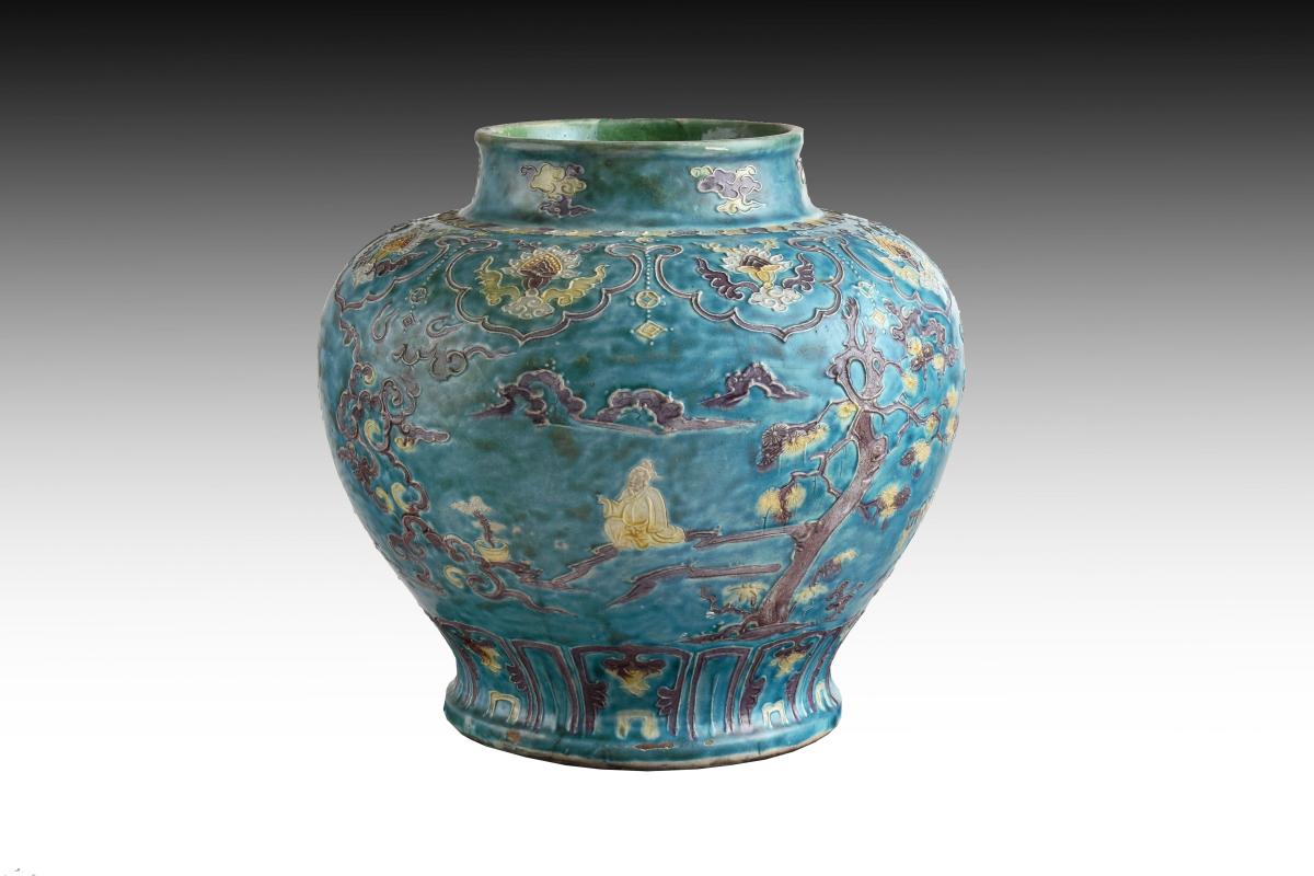 A Large Chinese Fahua Turquoise Ground Baluster Jar, Ming Dynasty, Early 16th Century