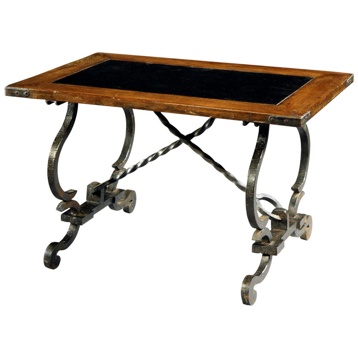 An 18th century, oak top with slate inset united with a contemporary, Spanish influenced low iron base