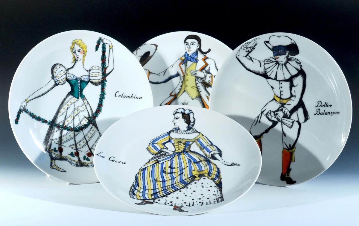 Piero Fornasetti Set of Four Porcelain Commedia Dell'arte Maschere Italiane Porcelain Plates, Italian Masks, Circa 1970s