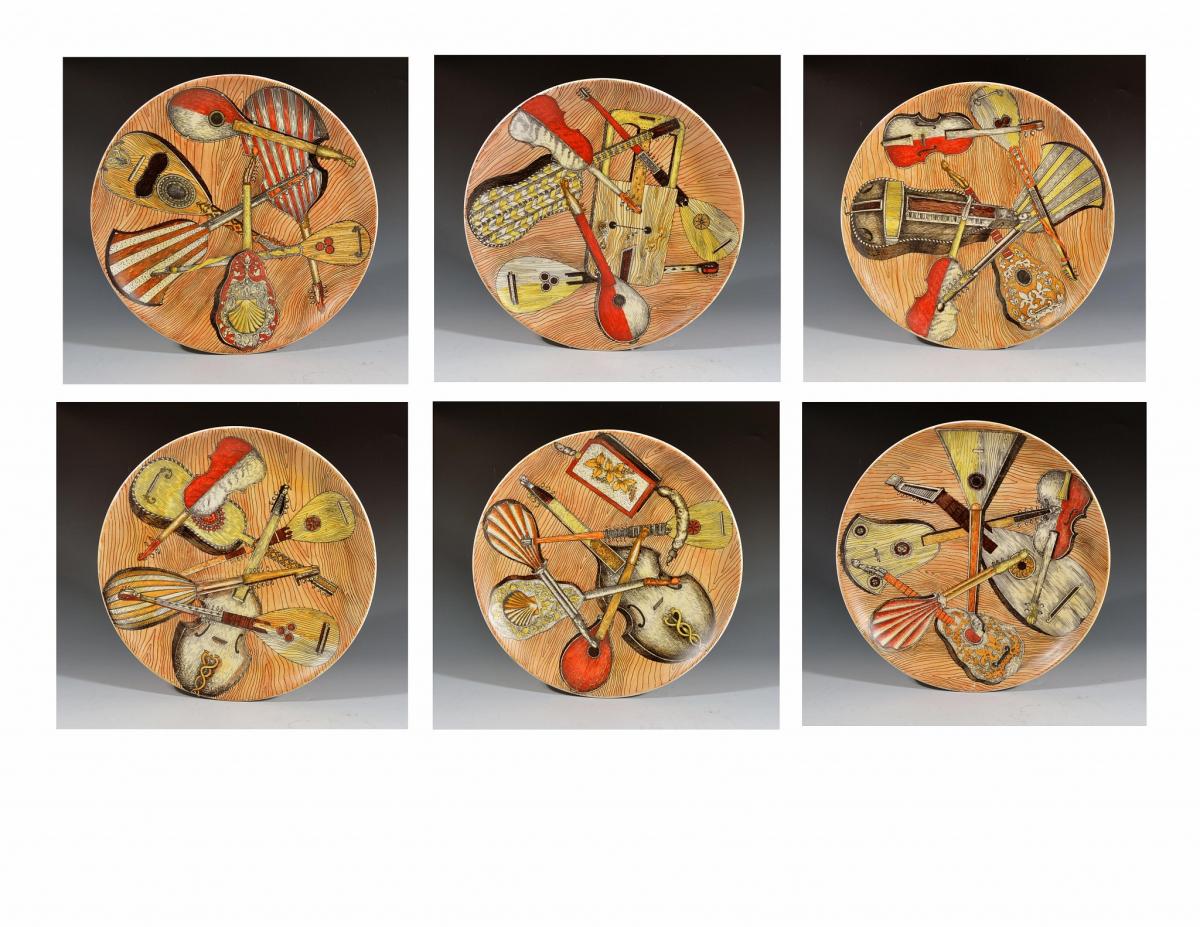 Piero Fornasetti Strumenti Musicali Porcelain Plates (Set of Six) 1950s-1960s