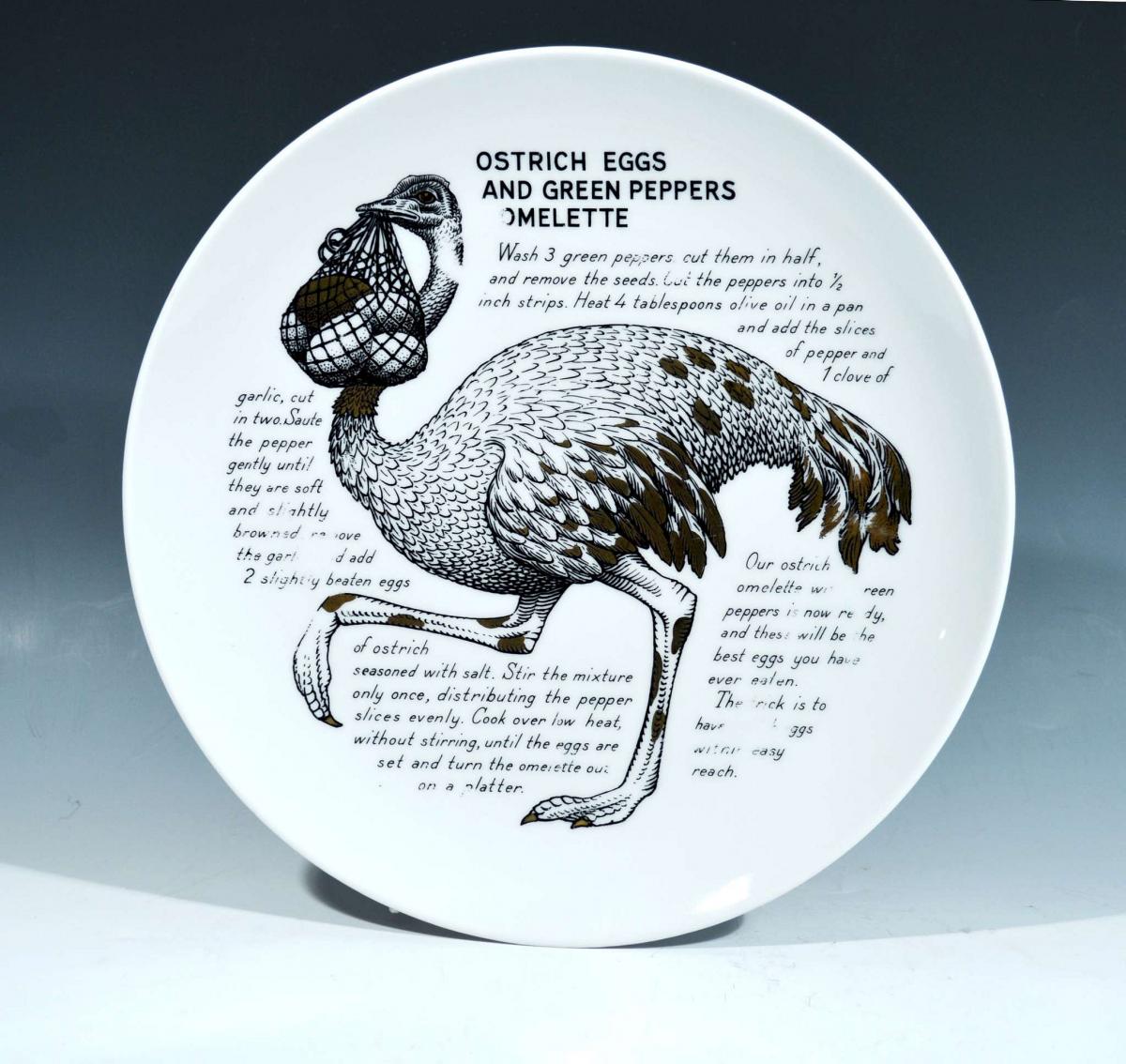 Piero Fornasetti Fleming Joffe Porcelain Recipe Plate, Ostrich Eggs And Green Peppers Omelette, 1960s