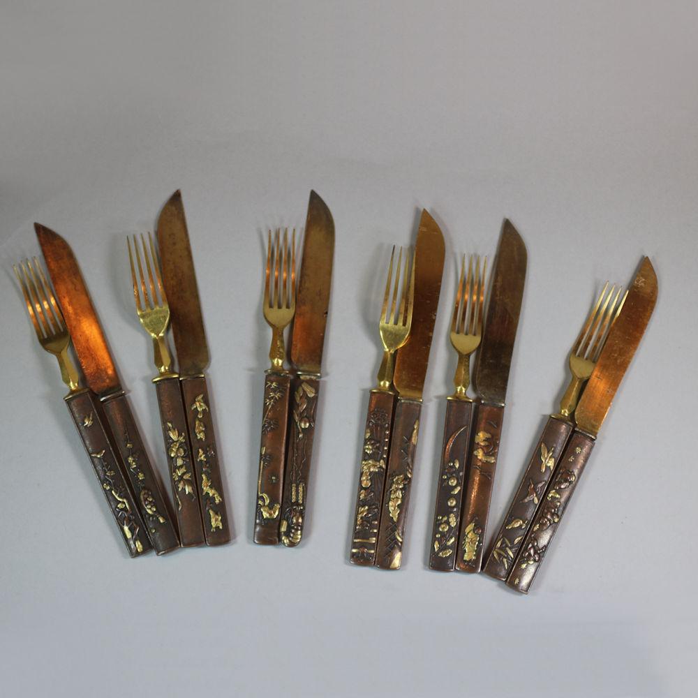 Set of six Japanese gilt-steel knives and forks with kozuka, circa 1880