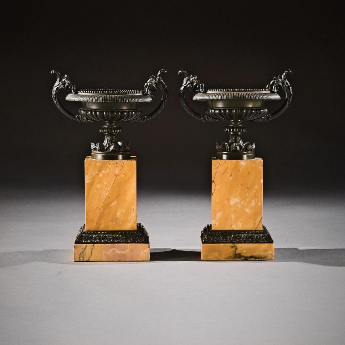 Pair of Early 19th Century Grand Tour Bronze and Sienna Marble Tazzas