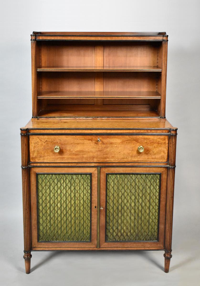 George III mahogany secretaire cabinet in the manner of Gillows, the doors with painted panels in imitation of pleated silk, c.1780