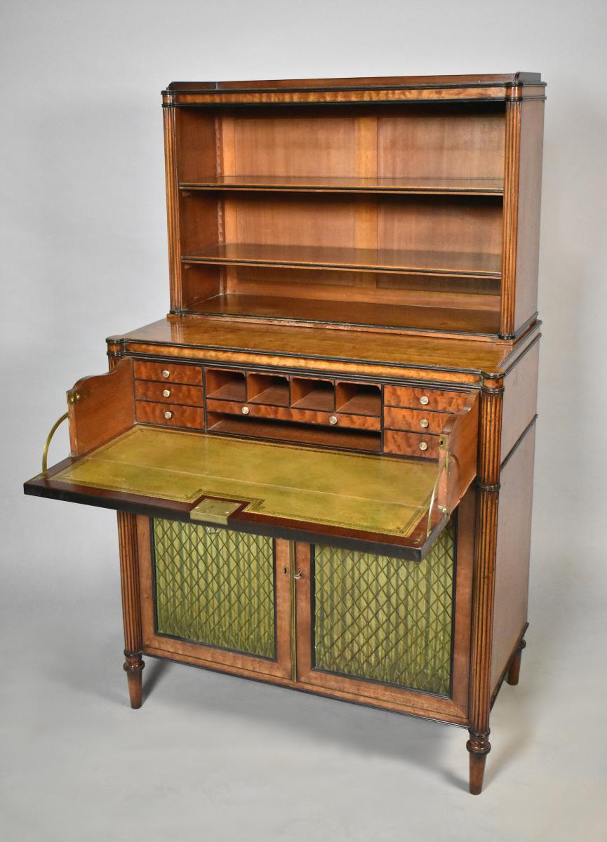 George III mahogany secretaire cabinet in the manner of Gillows, the doors with painted panels in imitation of pleated silk, c.1780