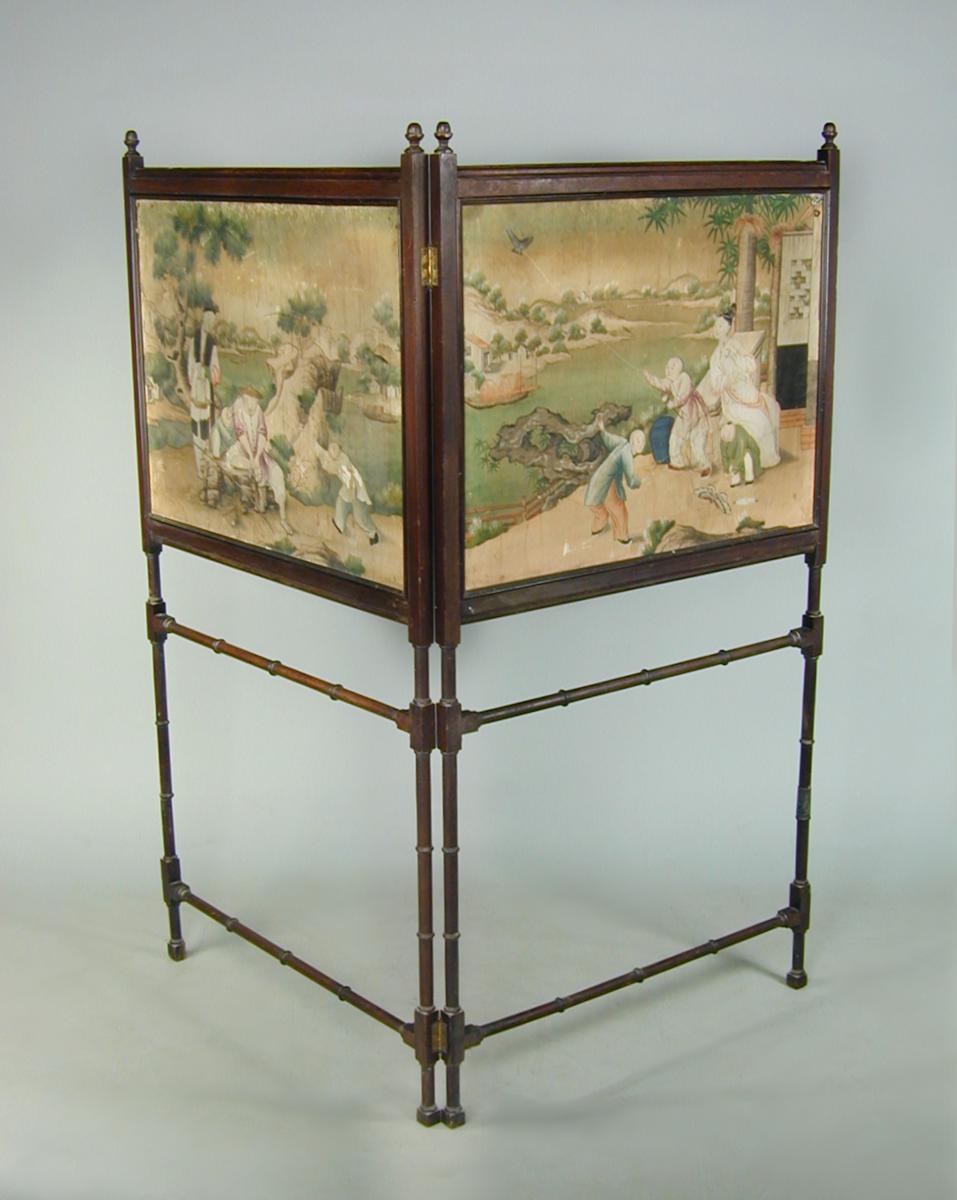 George III mahogany fire screen with Chinese watercolours, c.1770