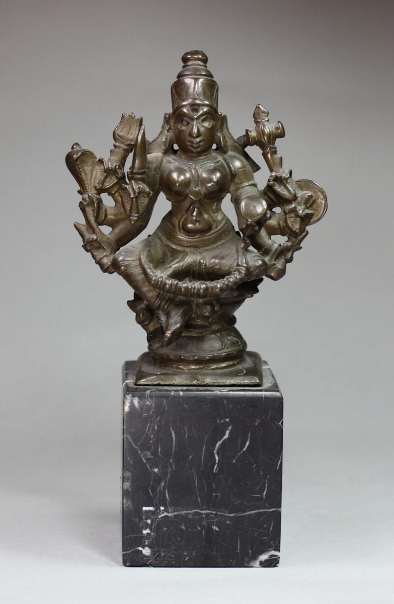 Indian bronze figure of Durga on marble plinth, South India, c. 1800